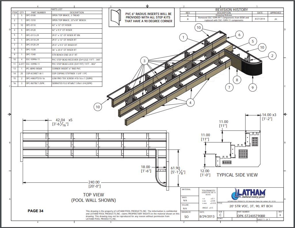 20' Straight Step Polymer 90 Deg. 3-Tread 6" Radius w/ Right Bench